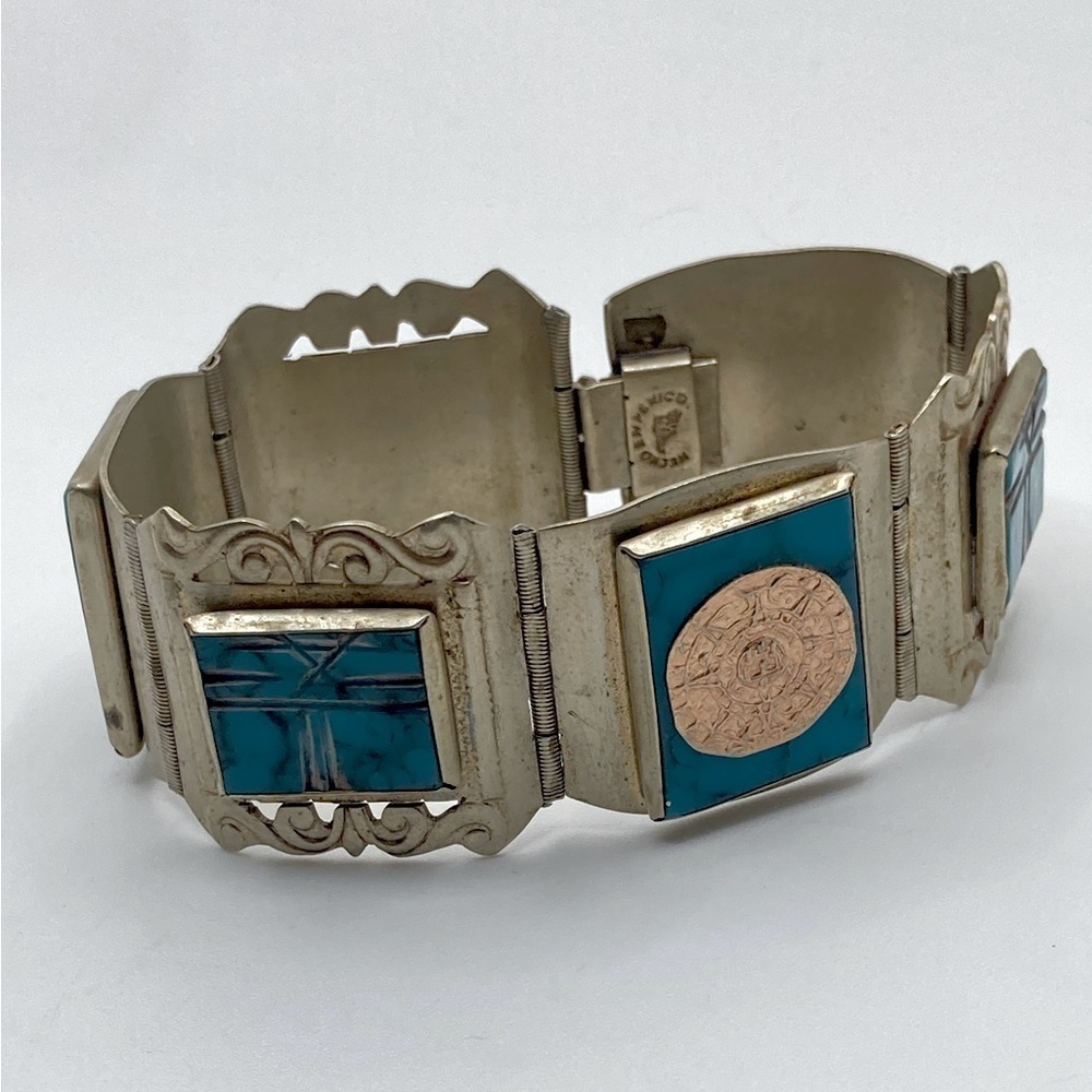 VTG Turquoise Link Alpaca Silver Bracelet w Sliding Clasp Mayan 6.9”